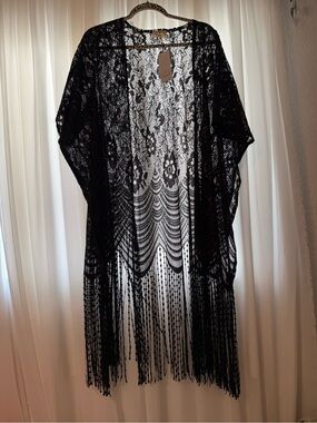 Black Lace Fringe Kimono Cardigan -  Women Sweaters Cardigans